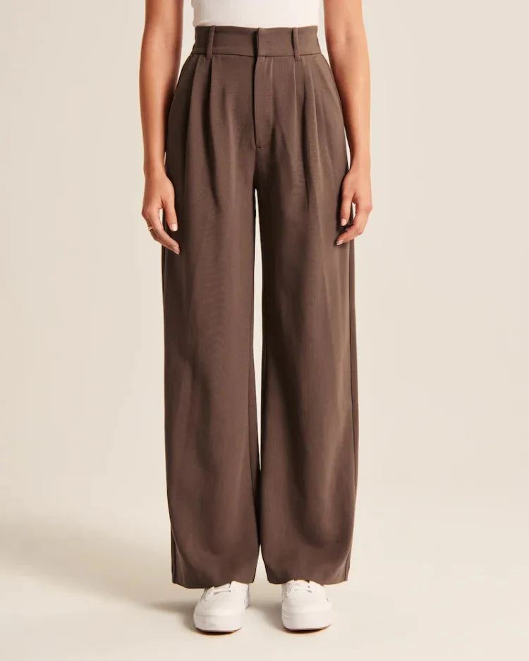 Women's High Waist Trousers With Wide Pipes Woven Fabric