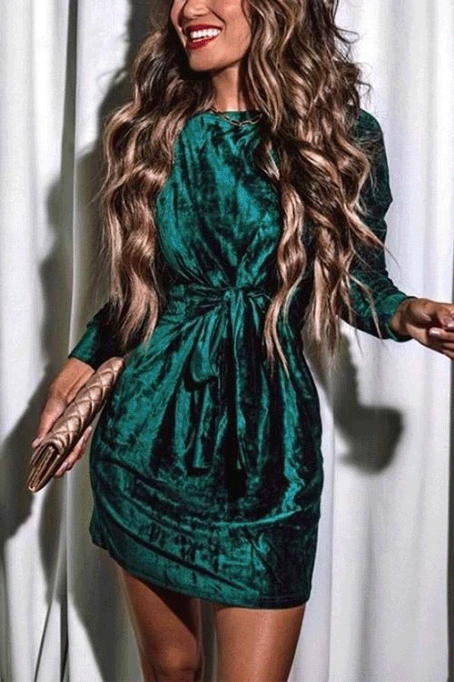 Women's Holiday Dress with Bow Waist and Long Sleeves for Festive Occasions
