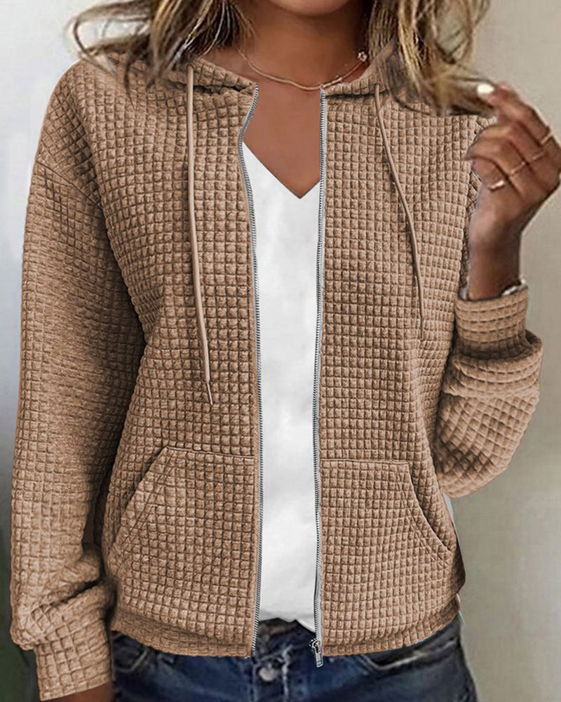 Women's Hoodie Vest Casual Waffle Texture with Zipper and Hoodie
