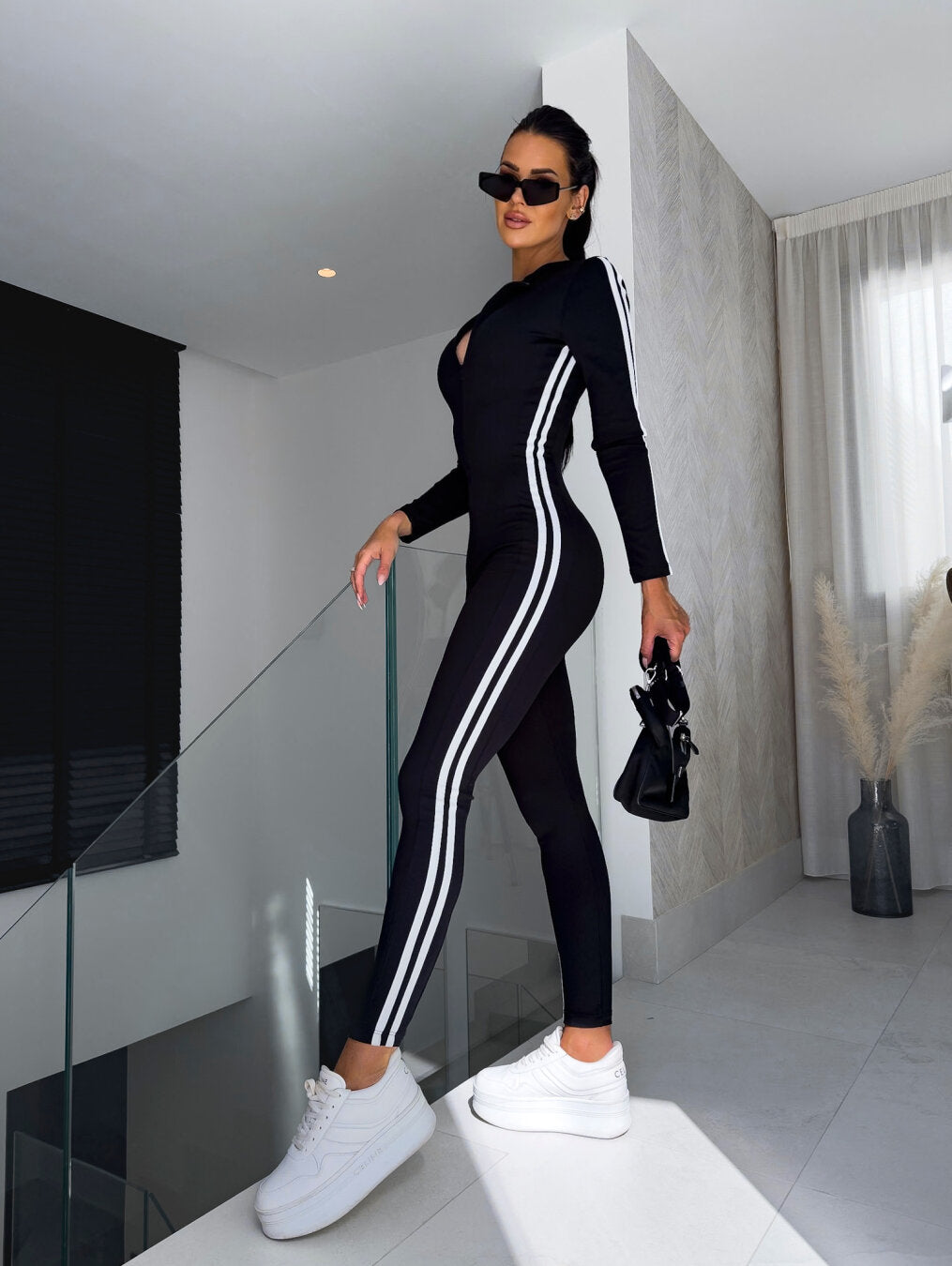 Women's Jumpsuit Close-fitting Sporty With Zipper and Bold Stripes