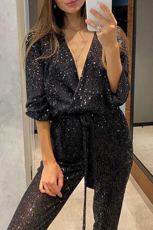 Women's Jumpsuit with Wrap V-neckline and Bow Belt