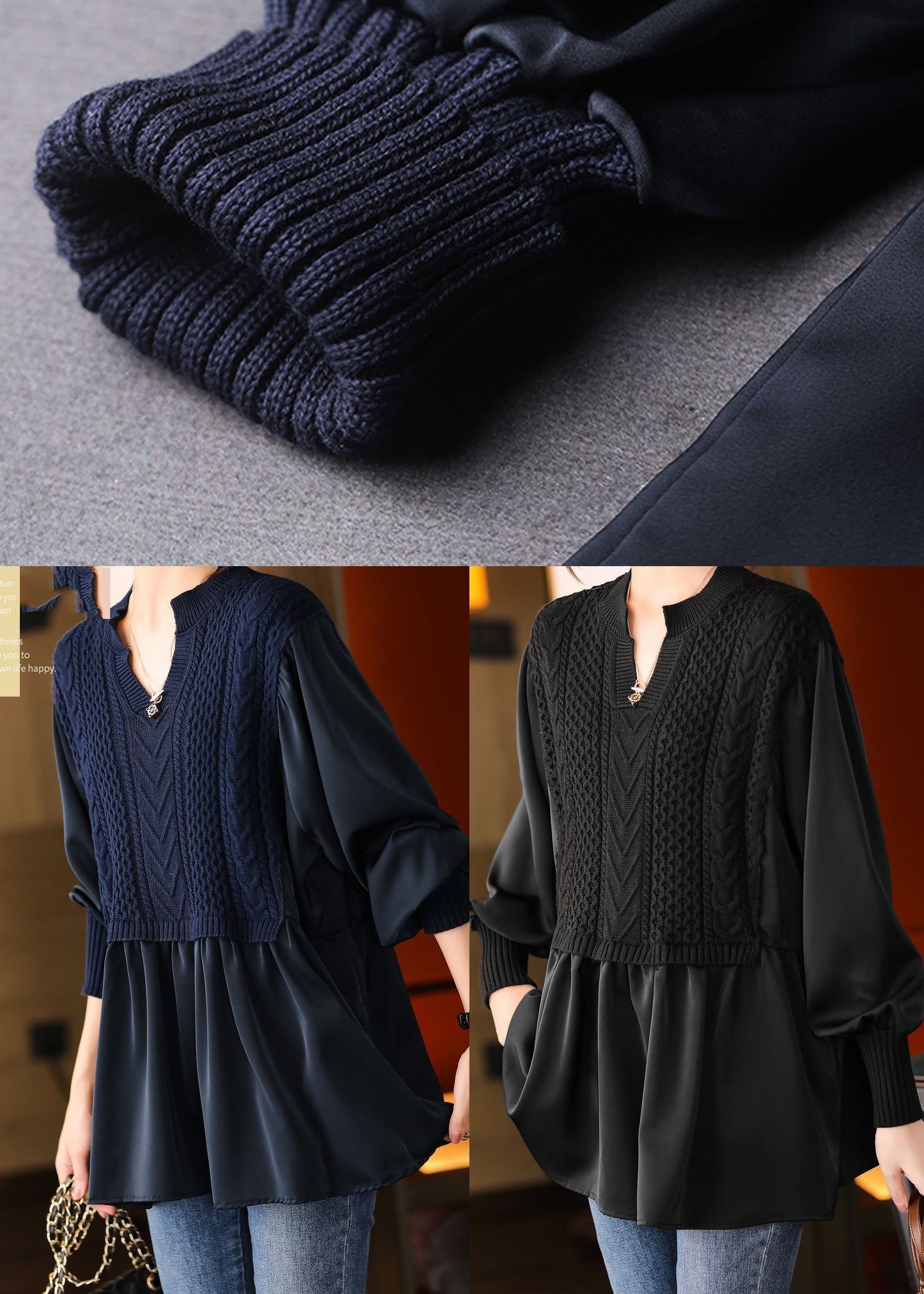 Women's Knitted Blouse with Puffed Sleeves for Winter