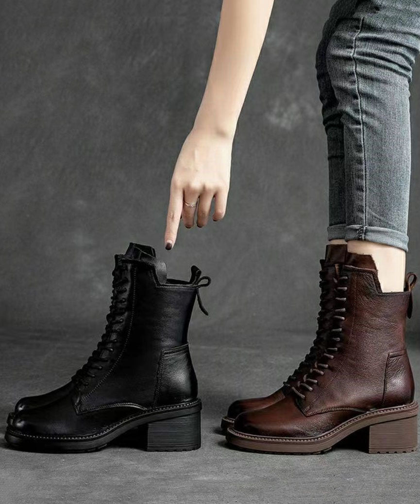 Women's Leather Boots with Lacing and Zipper