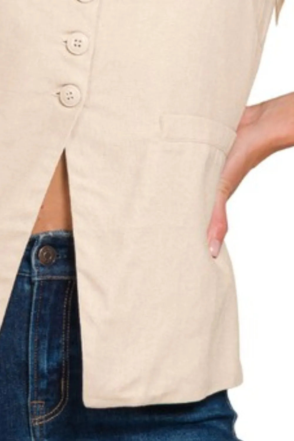 Women's Linen Style Sleeveless Cardigan With Bow and 4 Buttons