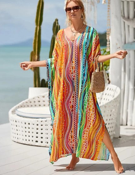 Women's Long Boho Dress Graphic Rainbow Print Cotton