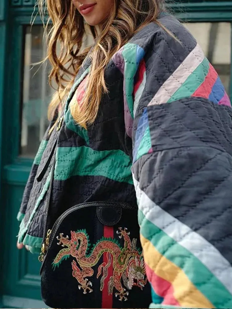 Women's Long Jacket Quilted Striped Polyester for Winter