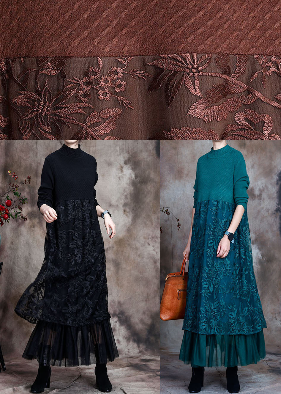 Women's Long Knitted Dress with O-neck and Embroidered Design