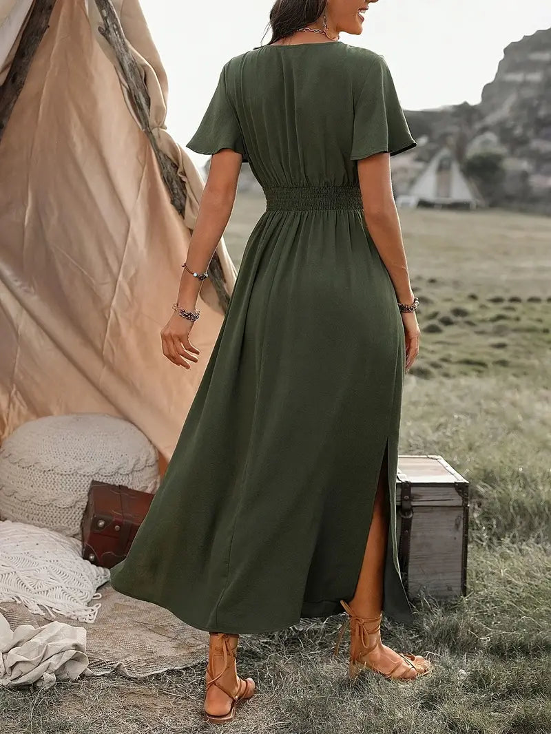 Women's Long Summer Dress V-neck Short Sleeves Light Fabric
