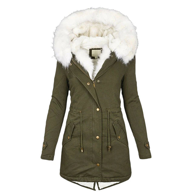 Women's Long Winter Jacket Quilted With Hood And Fur Collar