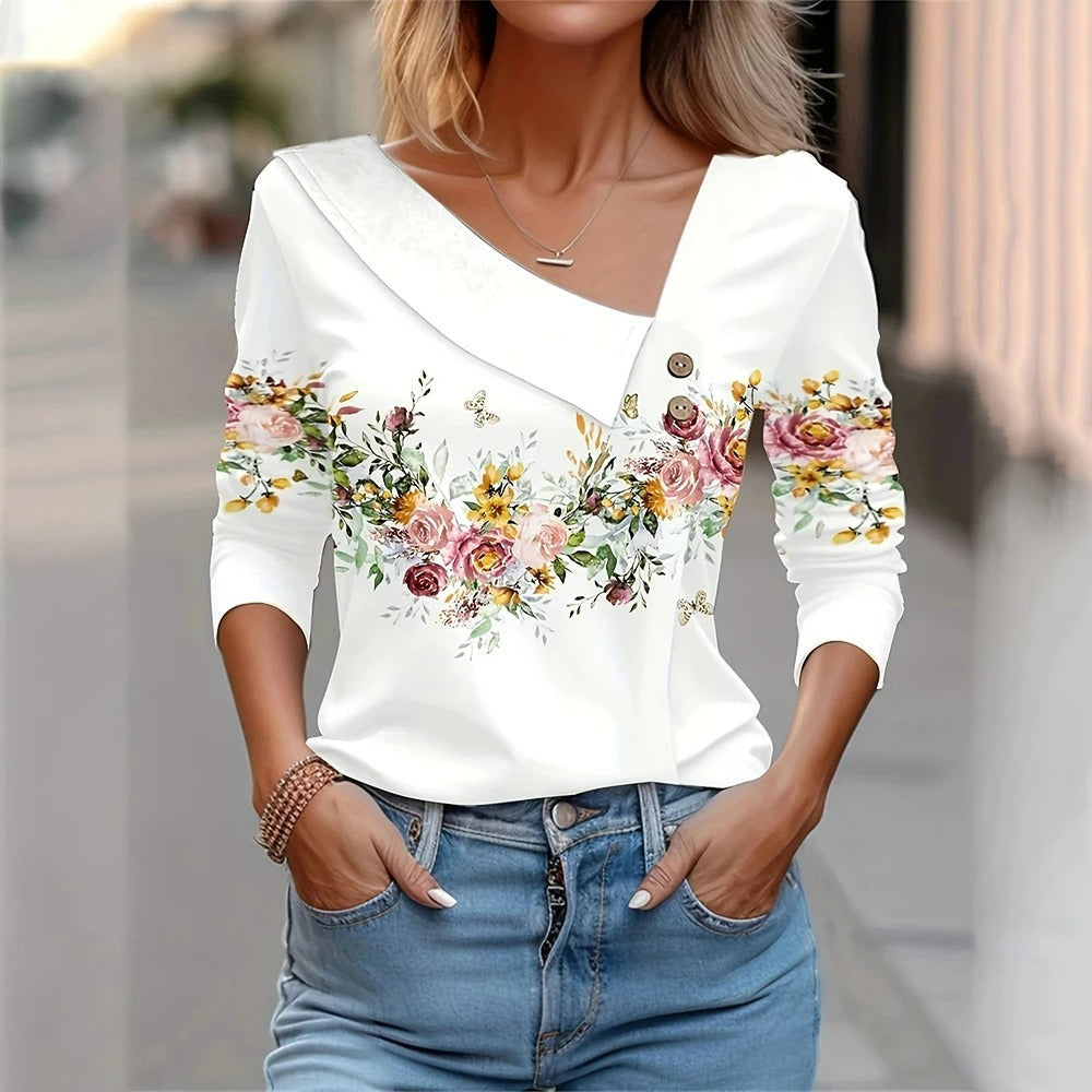 Women's Long-sleeved Floral Print Blouse