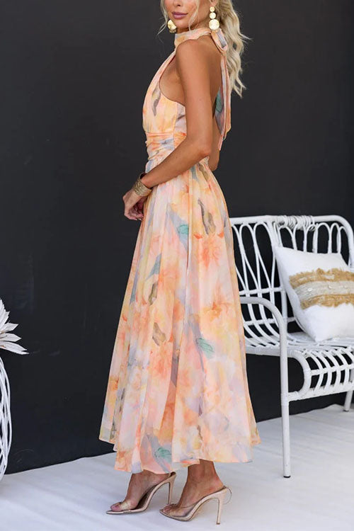 Women's Maxi Dress Halterneck Watercolour Print