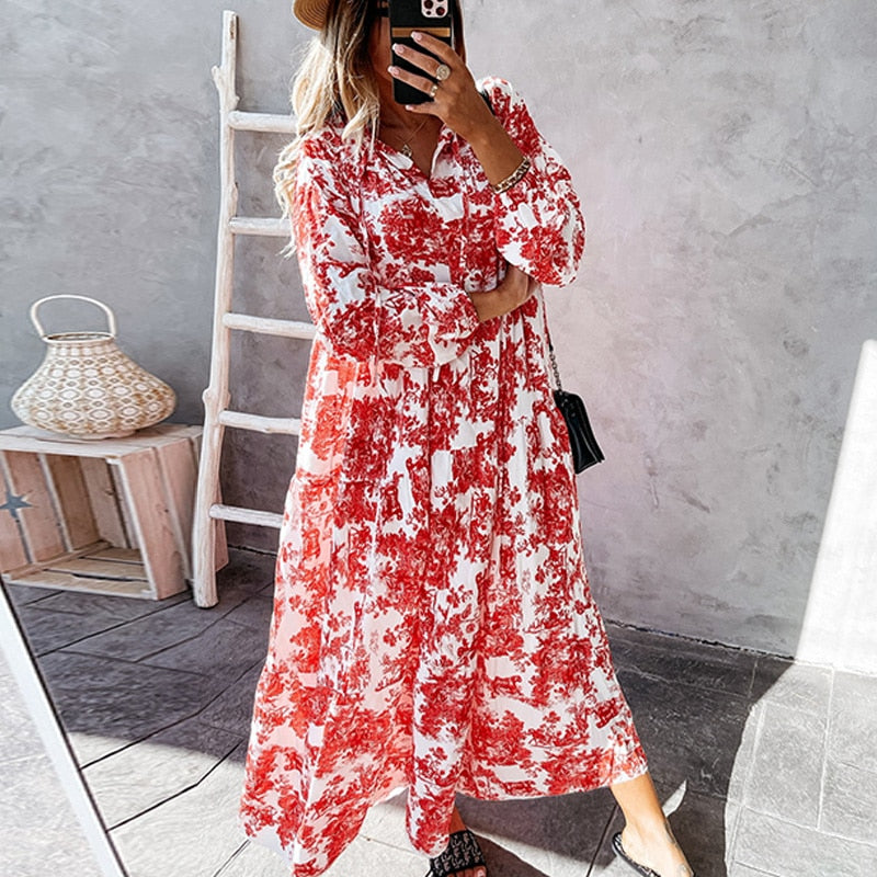 Women's Maxi Dress Long Sleeves V-Neck Cotton Ruffle Details
