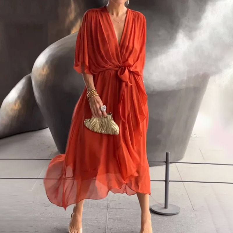 Women's Maxi Dress V-Neck Plus-Size With Half Sleeves