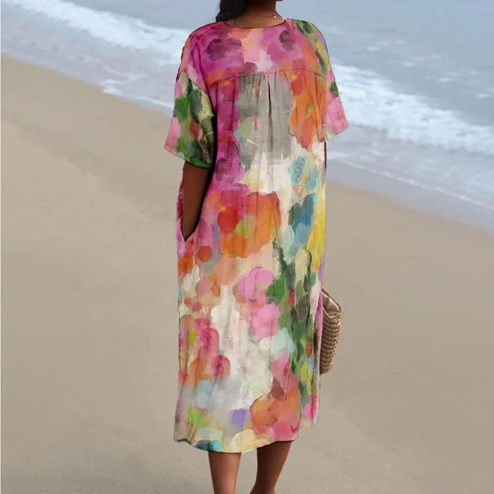 Women's Maxi Dress V-Neck Short Sleeves Digital Print for Summer