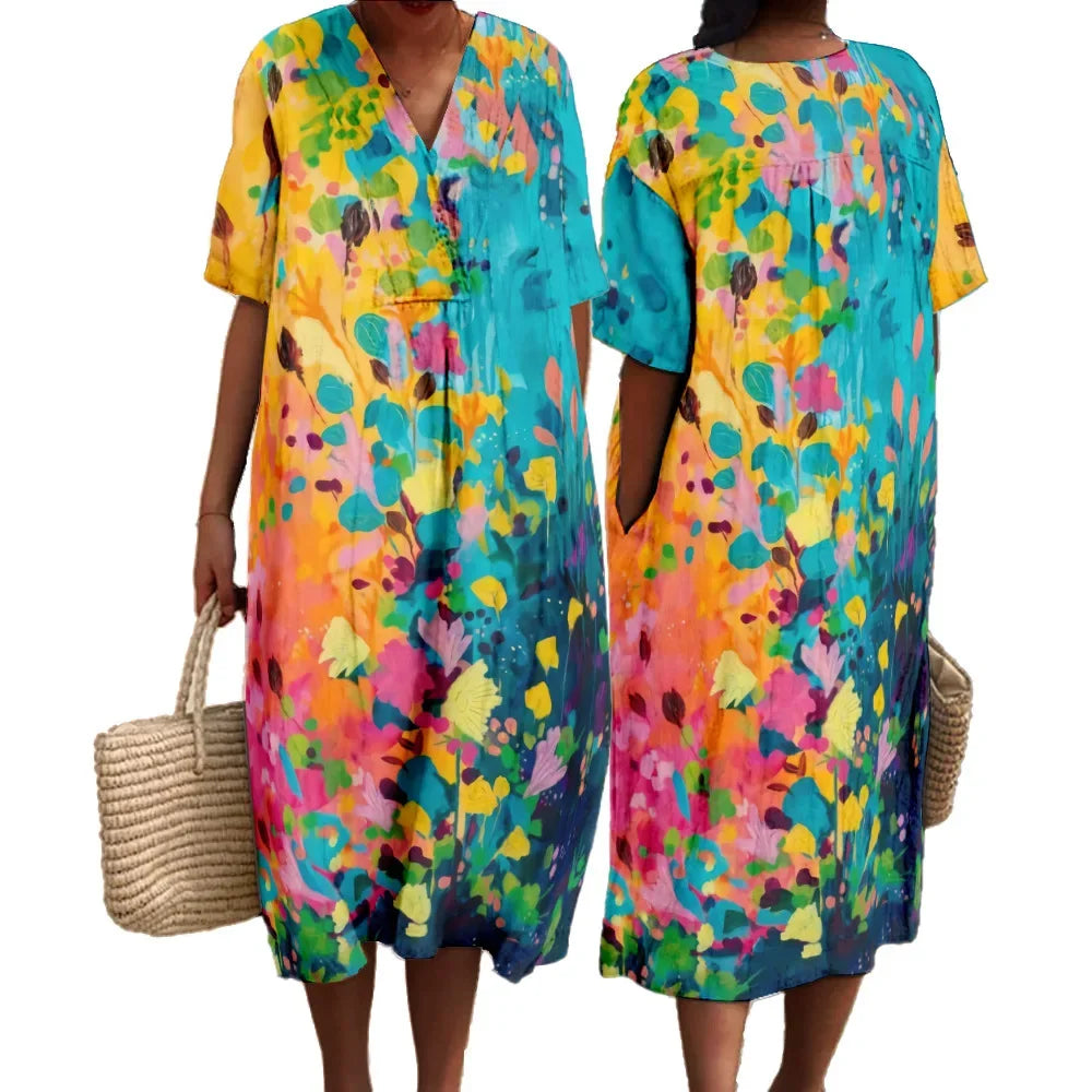 Women's Maxi Dress V-Neck Short Sleeves Loose Fit Breathable for Summer