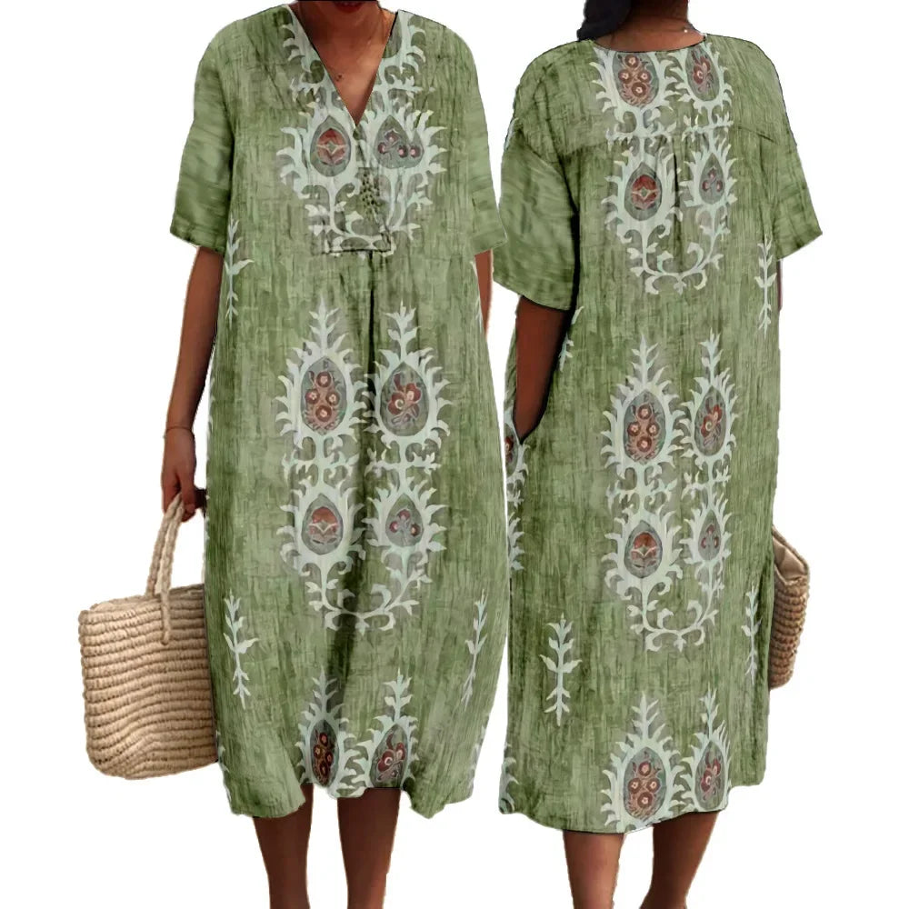 Women's Maxi Dress V-neck Short Sleeves Digital Print for Summer