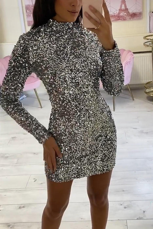 Women's Mini Party Dress With Mockneck and Sequins