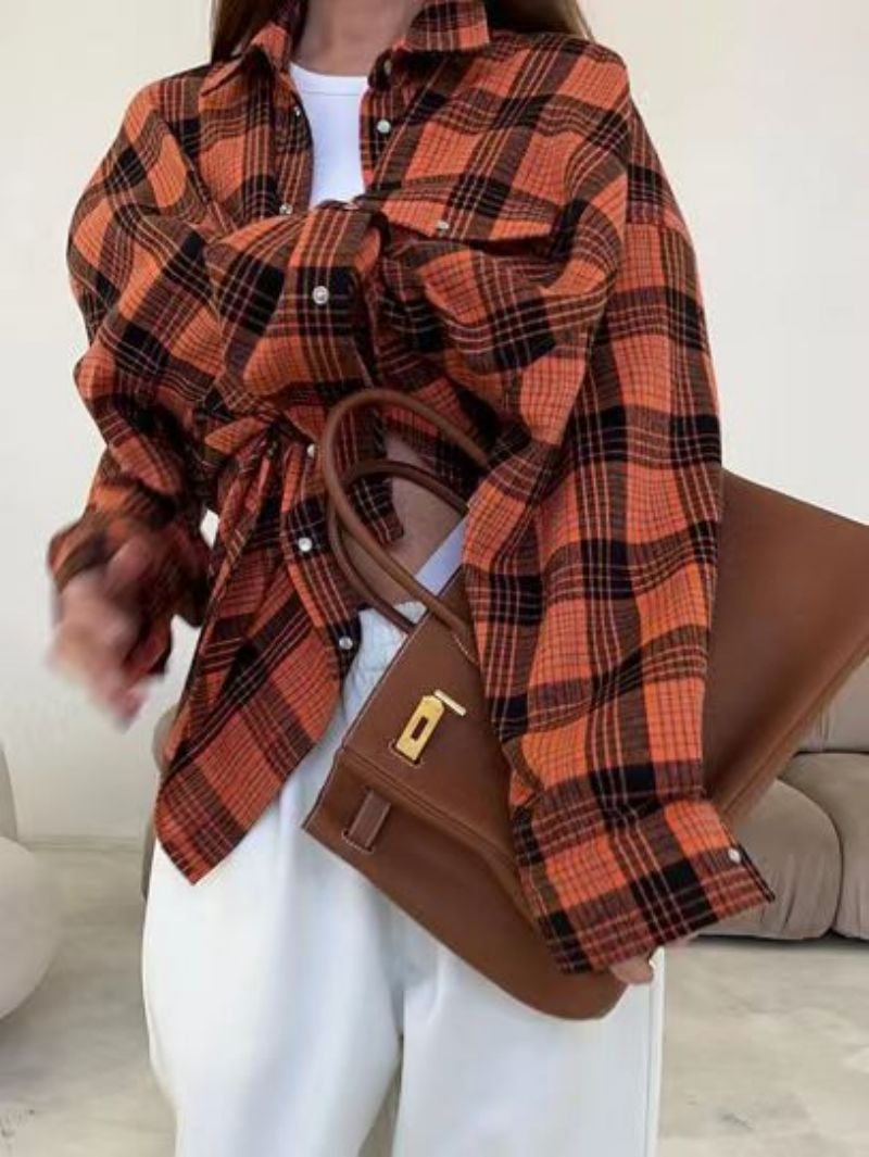 Women's Oversized Checked Shirt Cotton Blend Casual