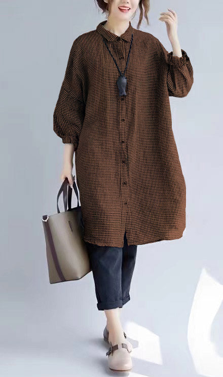 Women's Oversized T-shirt with Checked Print and Turned Collar