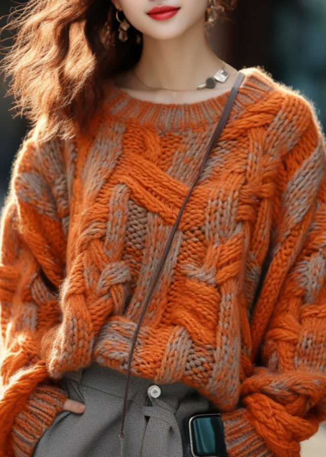 Women's Plus Size Knitted Cotton Sweater in Orange