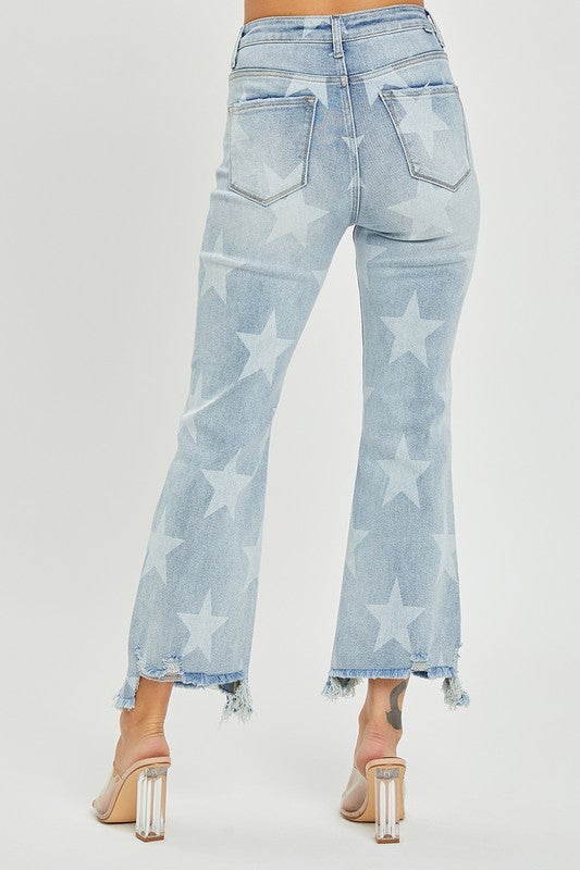 Women's Straight Jeans With Star Print High Waist