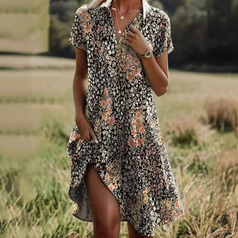 Women's Summer Dress V-neck Asymmetric Hem Floral Print