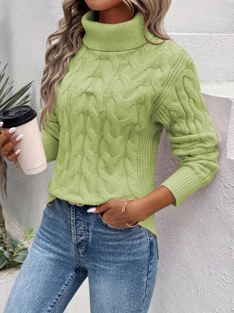 Women's Turtleneck Sweater Cable Pattern Comfortable High Collar