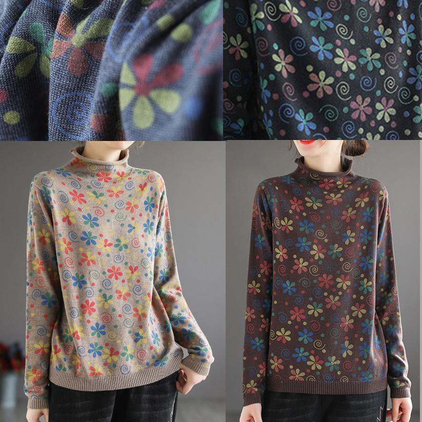 Women's Turtleneck Sweater With Khaki Print Trendy High Neck Design