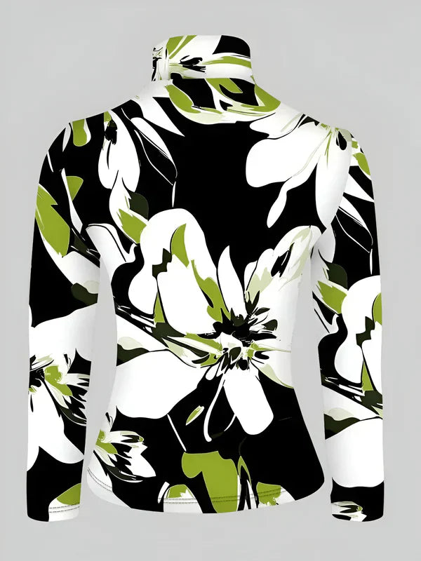 Women's Turtleneck Shirt Floral Print Long Sleeves Cotton
