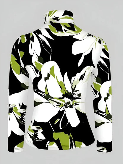 Women's Turtleneck Shirt Floral Print Long Sleeves Cotton