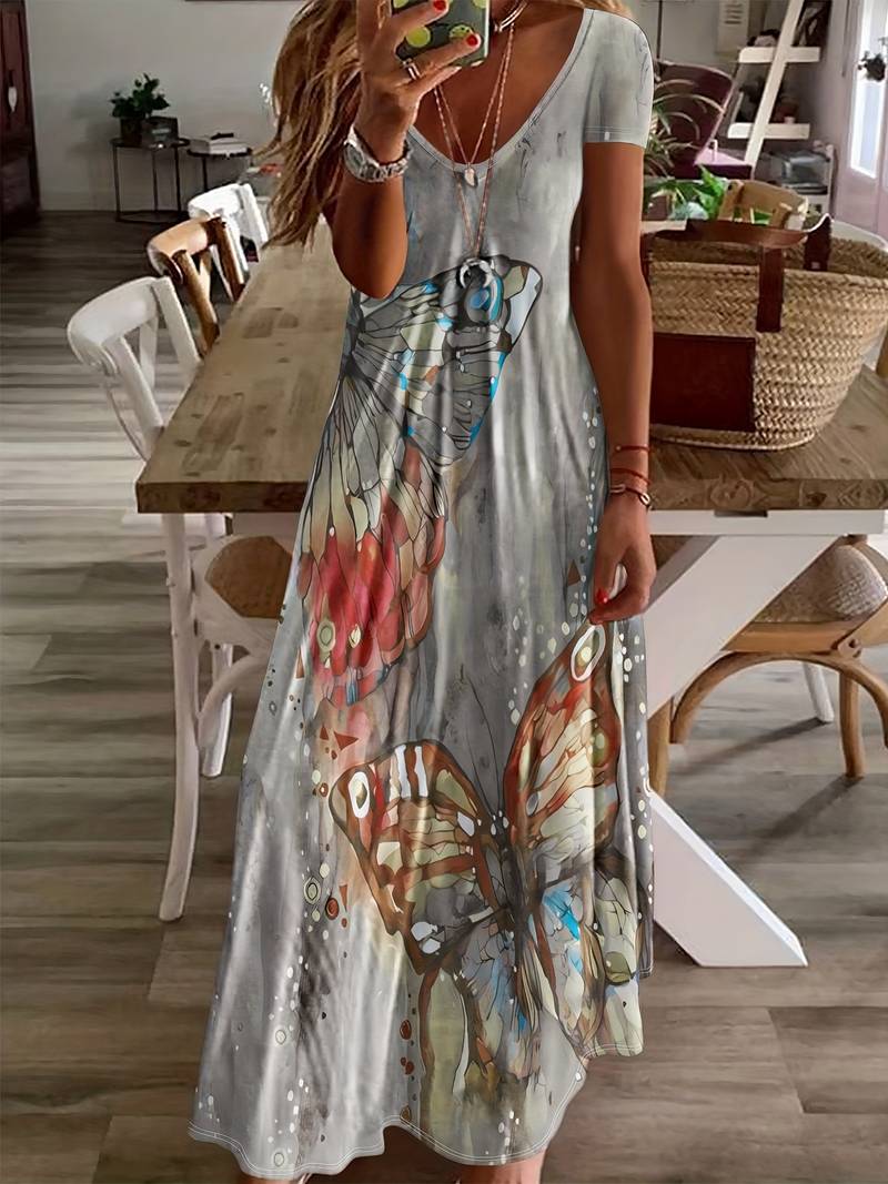 Women's V-neck Cotton Dress with Butterfly Prints for Spring and Summer