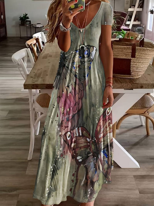 Women's V-neck Cotton Dress with Butterfly Prints for Spring and Summer