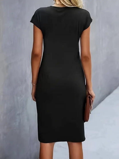 Black Midi Dress Ladies Circle Neckline Lightweight Elegant Style