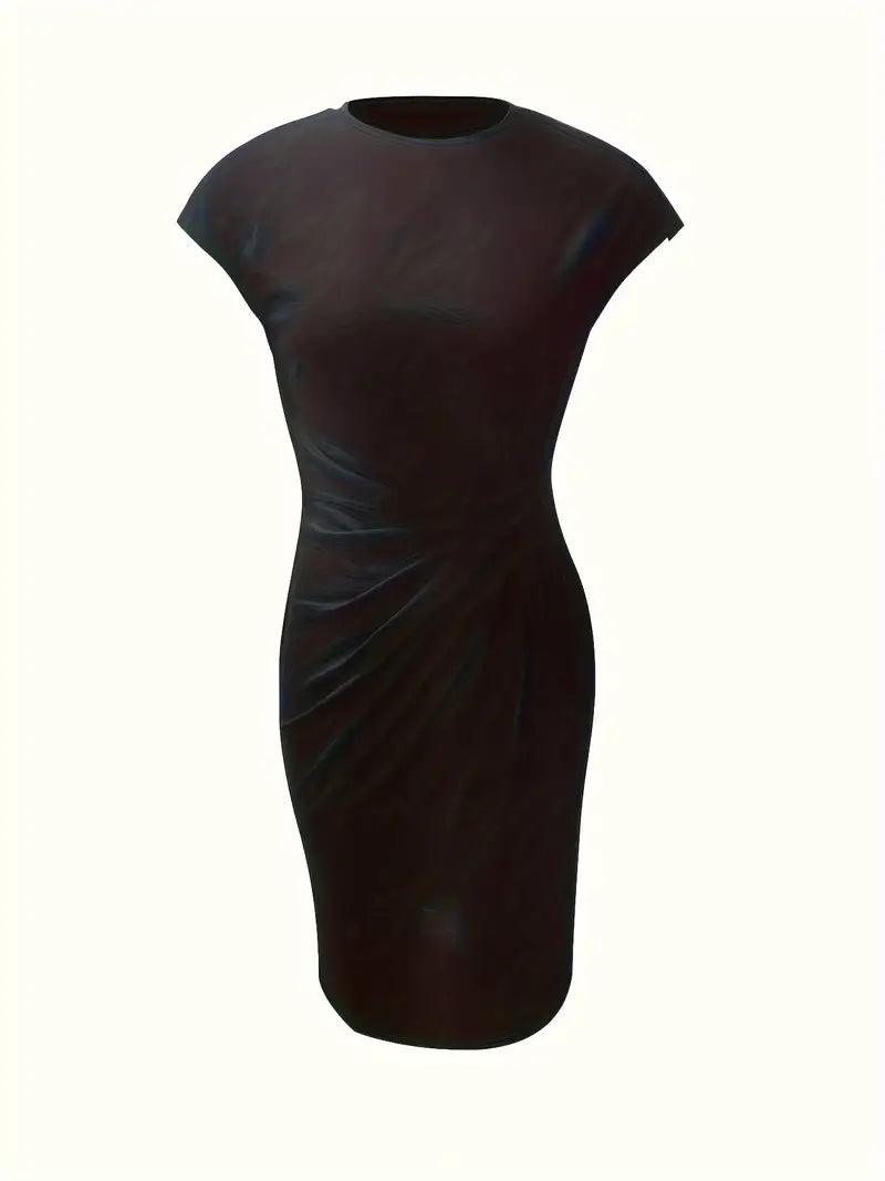 Black Midi Dress Ladies Circle Neckline Lightweight Elegant Style