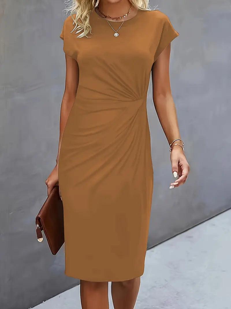 Black Midi Dress Ladies Circle Neckline Lightweight Elegant Style