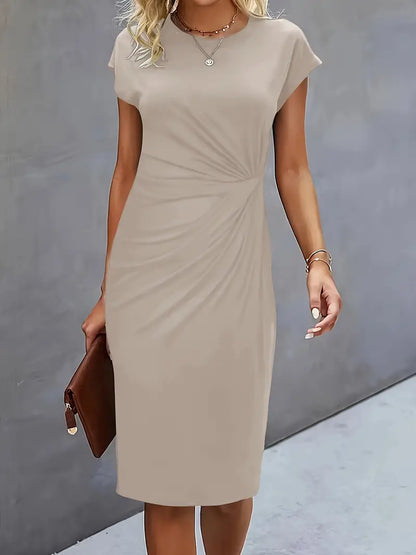 Black Midi Dress Ladies Circle Neckline Lightweight Elegant Style