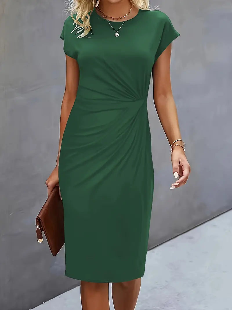 Black Midi Dress Ladies Circle Neckline Lightweight Elegant Style