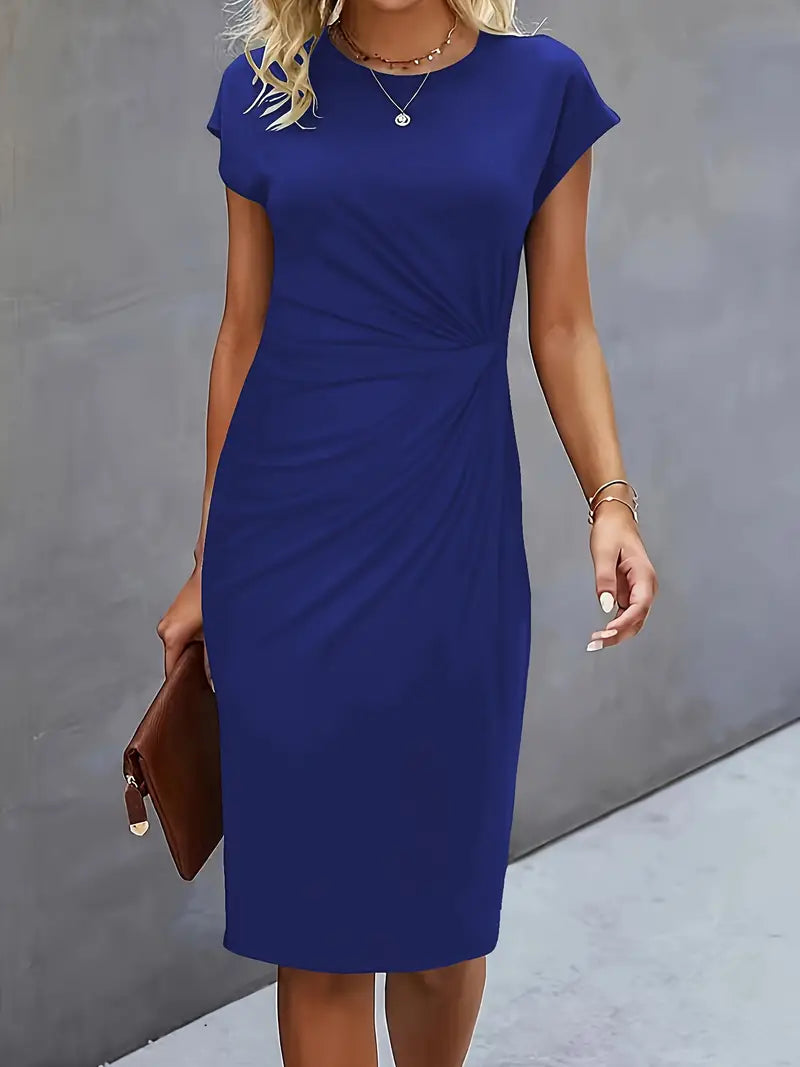 Black Midi Dress Ladies Circle Neckline Lightweight Elegant Style