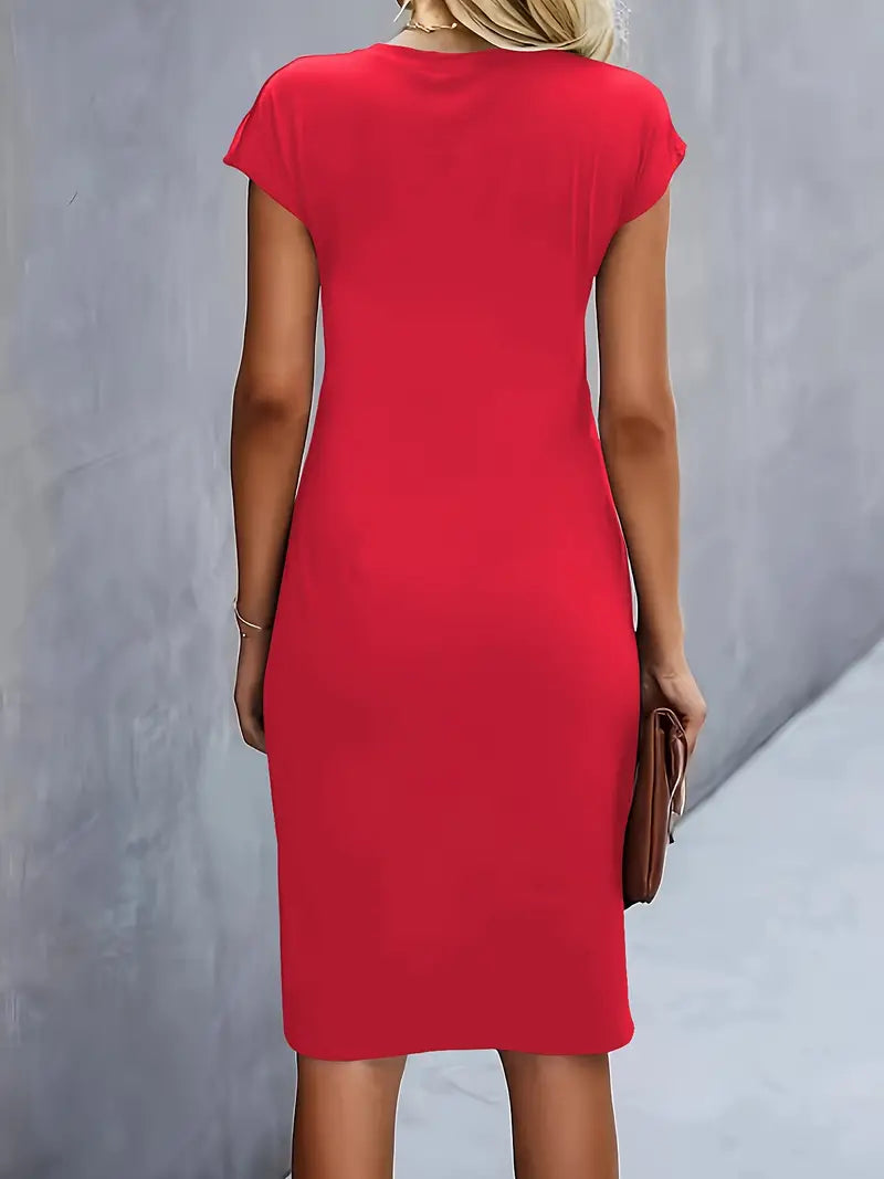 Black Midi Dress Ladies Circle Neckline Lightweight Elegant Style