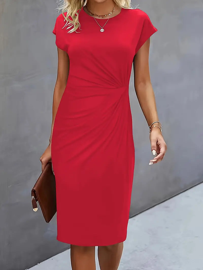 Black Midi Dress Ladies Circle Neckline Lightweight Elegant Style