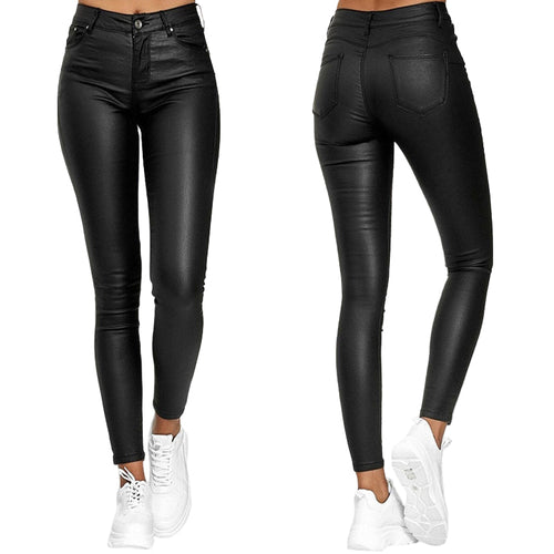 Black Women's High Waist Skinny Synthetic Leather Pants
