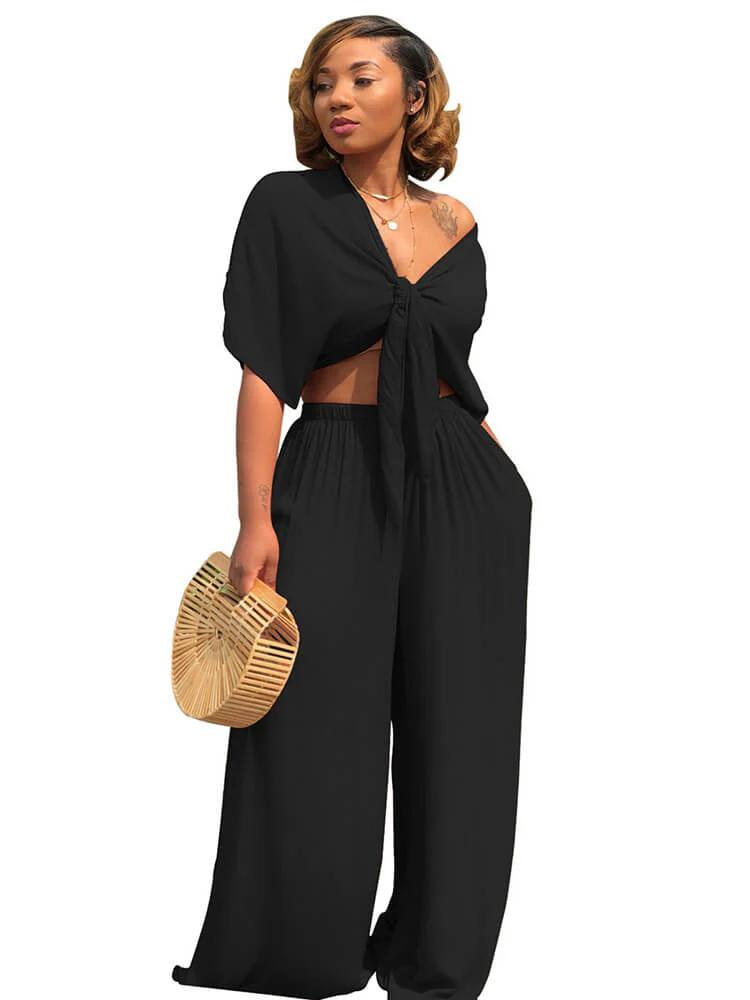 Bow-tie Padded Top and Straight Trousers Set