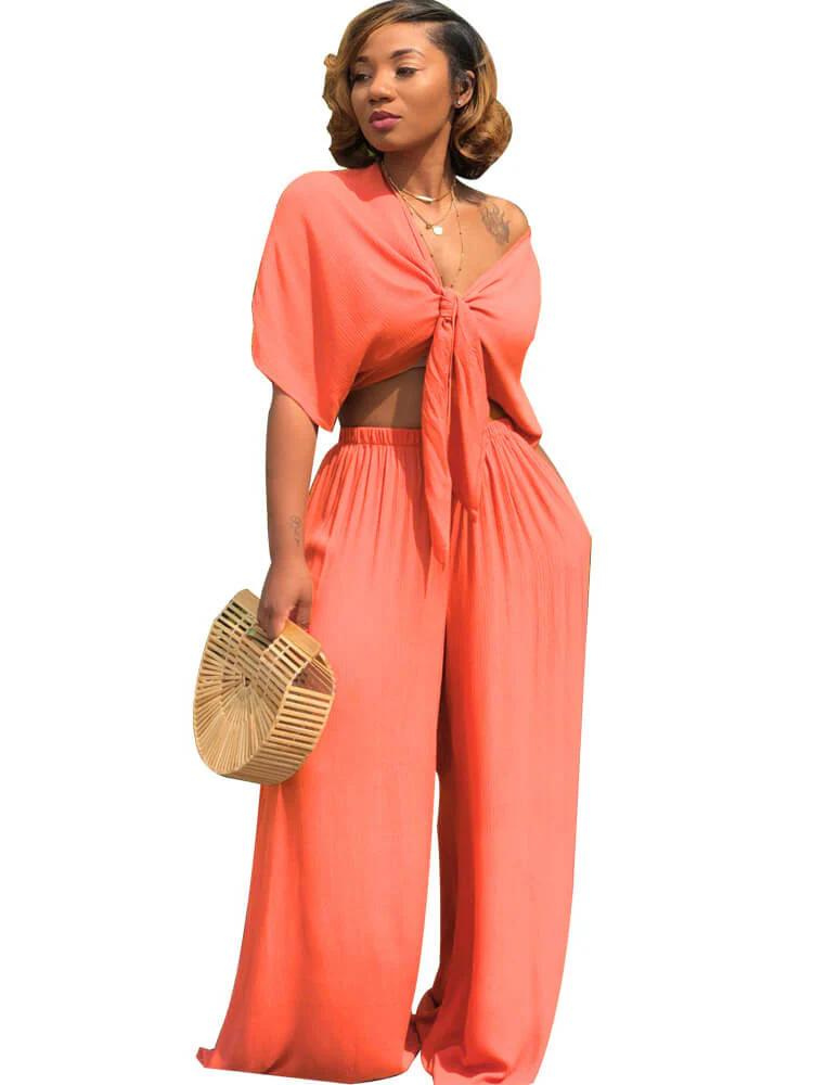 Bow-tie Padded Top and Straight Trousers Set