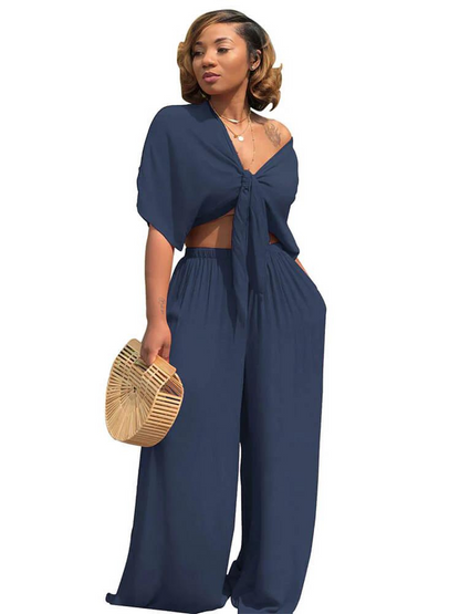 Bow-tie Padded Top and Straight Trousers Set