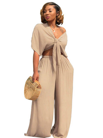 Bow-tie Padded Top and Straight Trousers Set