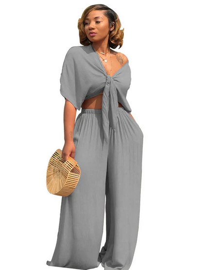 Bow-tie Padded Top and Straight Trousers Set