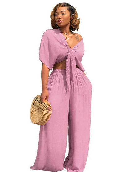 Bow-tie Padded Top and Straight Trousers Set