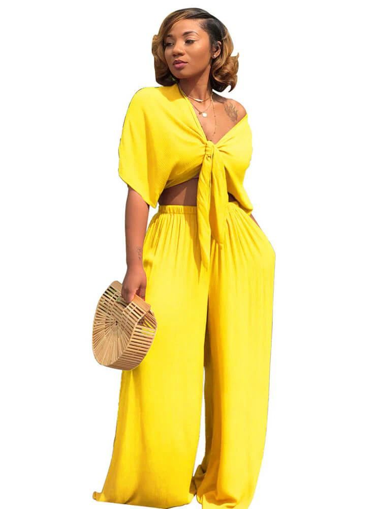 Bow-tie Padded Top and Straight Trousers Set