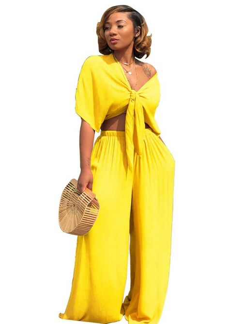 Bow-tie Padded Top and Straight Trousers Set