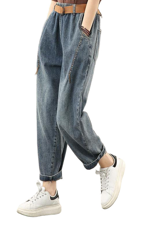 Casual Retro Denim Trousers with Bright Line Decoration for Women